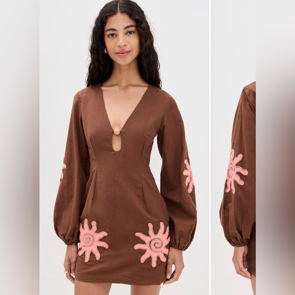 Brown Mini Dress with Pink Appliqué